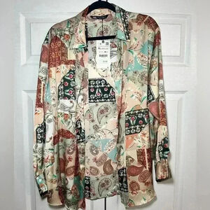 Zara Printed Long Sleeve Satin Shirt - Size XL